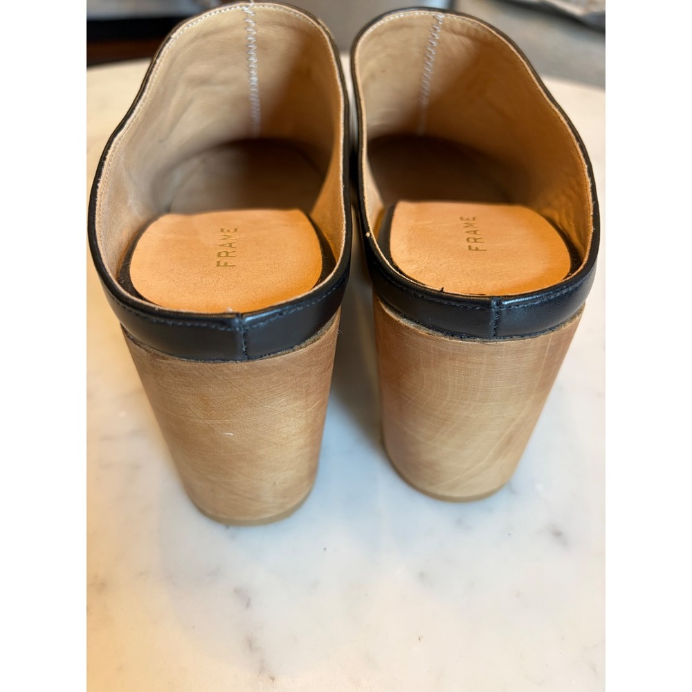 Frame Le Ione Clog Noir Black Leather Wooden Platform Mules Brass Buckle 37 US 7 - Picture 9 of 13